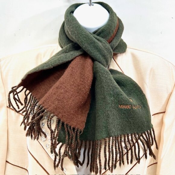 Vgt  Mario Valentno Scarf Men/Women 100% Wool 58"x10"  Green Brown Fringed (74 - Picture 1 of 7